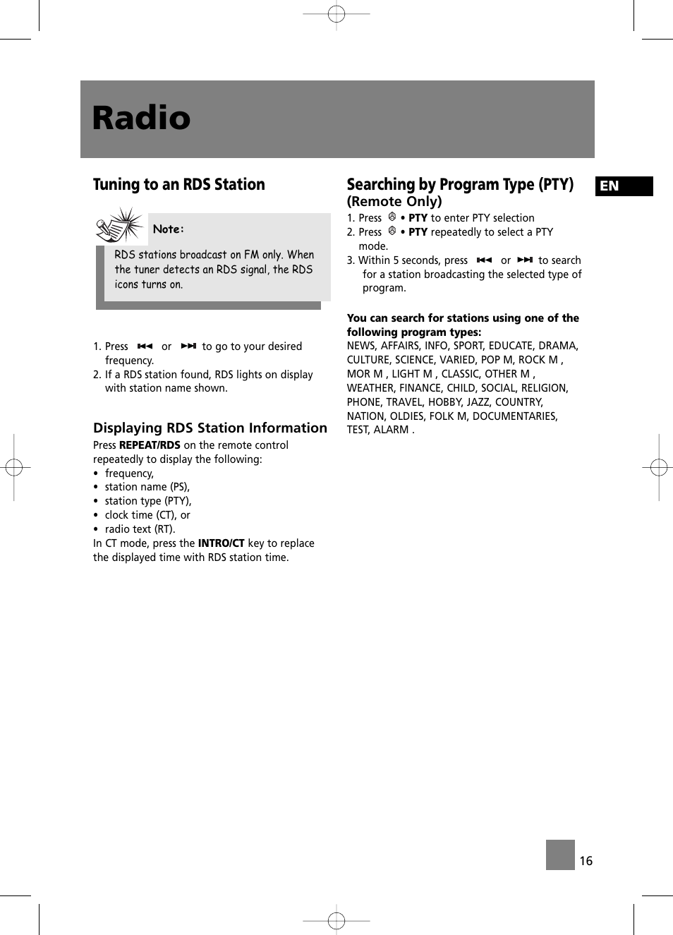Radio, Tuning to an rds station, Searching by program type (pty) | Technicolor - Thomson CS196 User Manual | Page 21 / 34