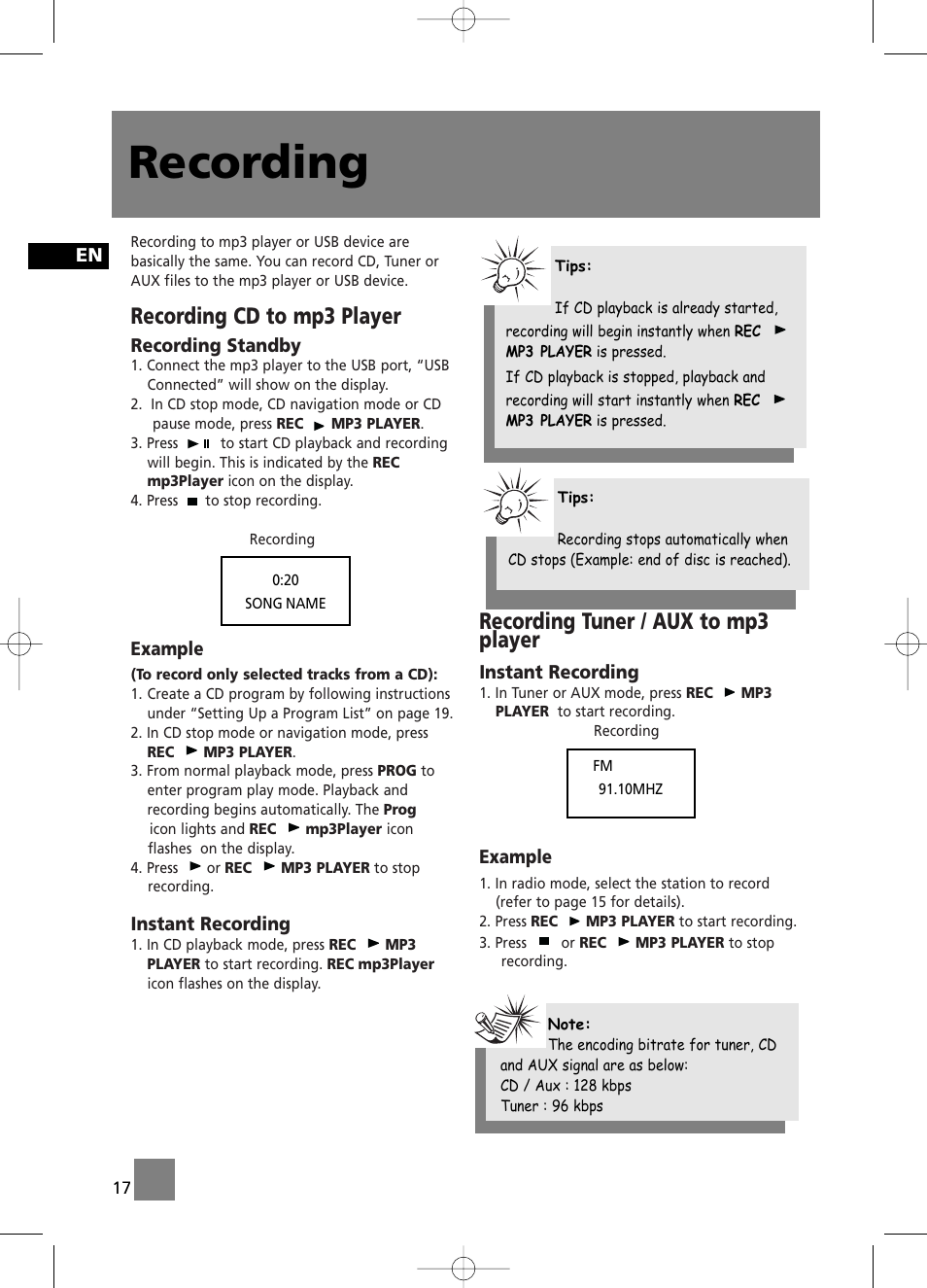 Recording, Recording cd to mp3 player, Recording tuner / aux to mp3 player | Technicolor - Thomson CS196 User Manual | Page 22 / 34