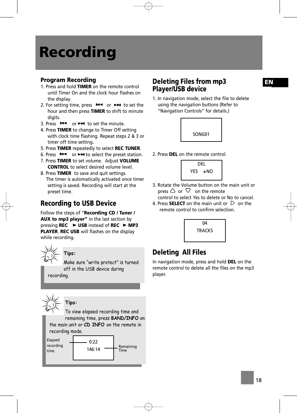 Recording, Recording to usb device, Deleting files from mp3 player/usb device | Deleting all files | Technicolor - Thomson CS196 User Manual | Page 23 / 34