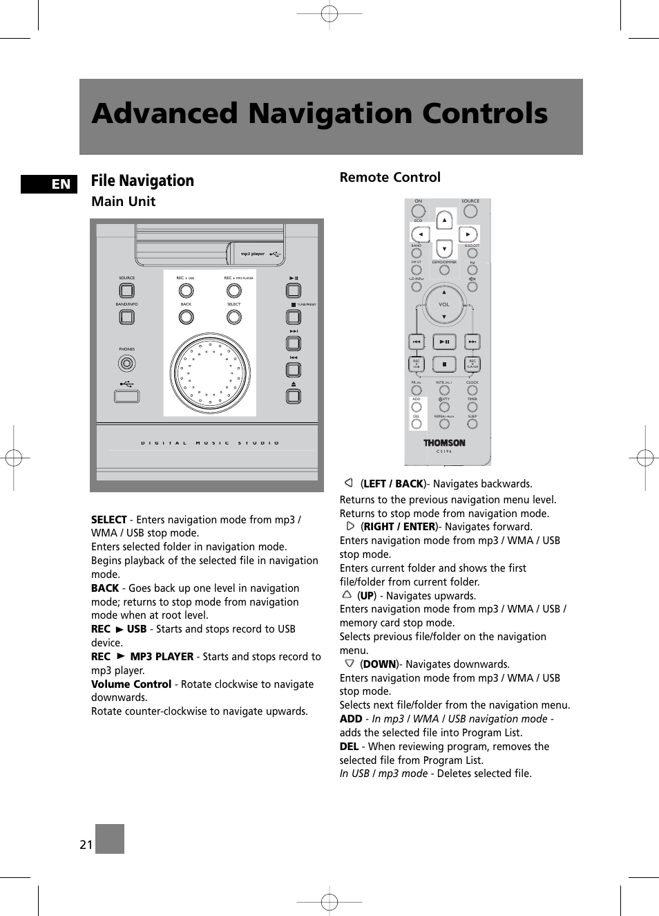 Advanced navigation controls, File navigation, Main unit | Remote control | Technicolor - Thomson CS196 User Manual | Page 26 / 34