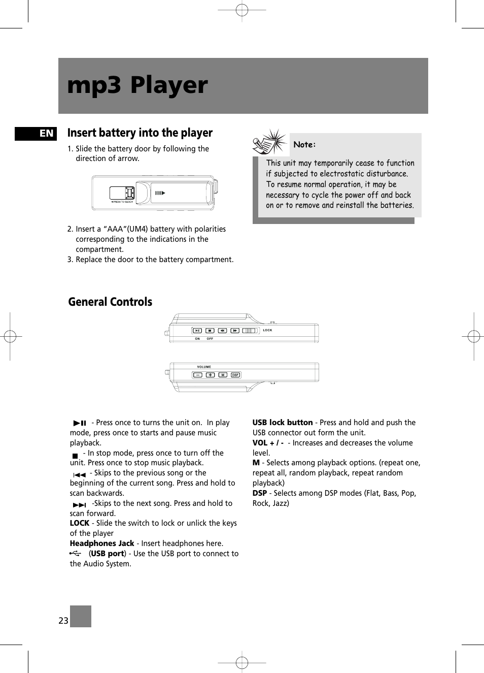 Mp3 player, Insert battery into the player, General controls | Technicolor - Thomson CS196 User Manual | Page 28 / 34