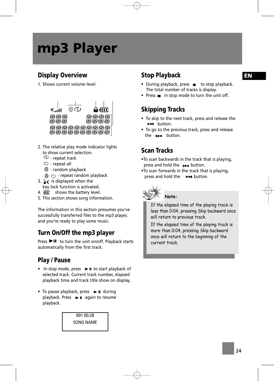 Mp3 player, Display overview, Turn on/off the mp3 player | Play / pause, Stop playback, Skipping tracks, Scan tracks | Technicolor - Thomson CS196 User Manual | Page 29 / 34