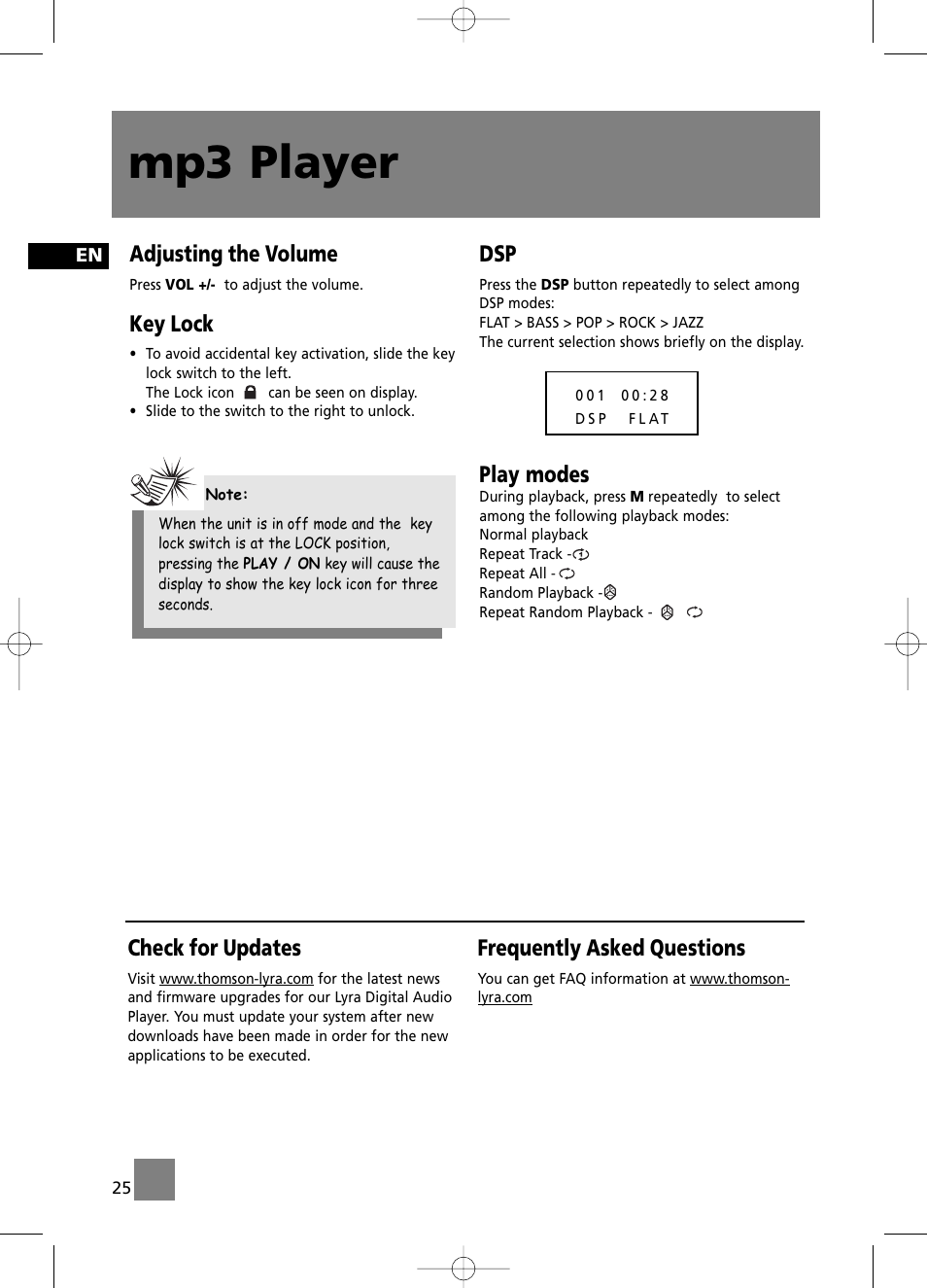 Mp3 player, Adjusting the volume, Key lock | Play modes, Check for updates, Frequently asked questions | Technicolor - Thomson CS196 User Manual | Page 30 / 34