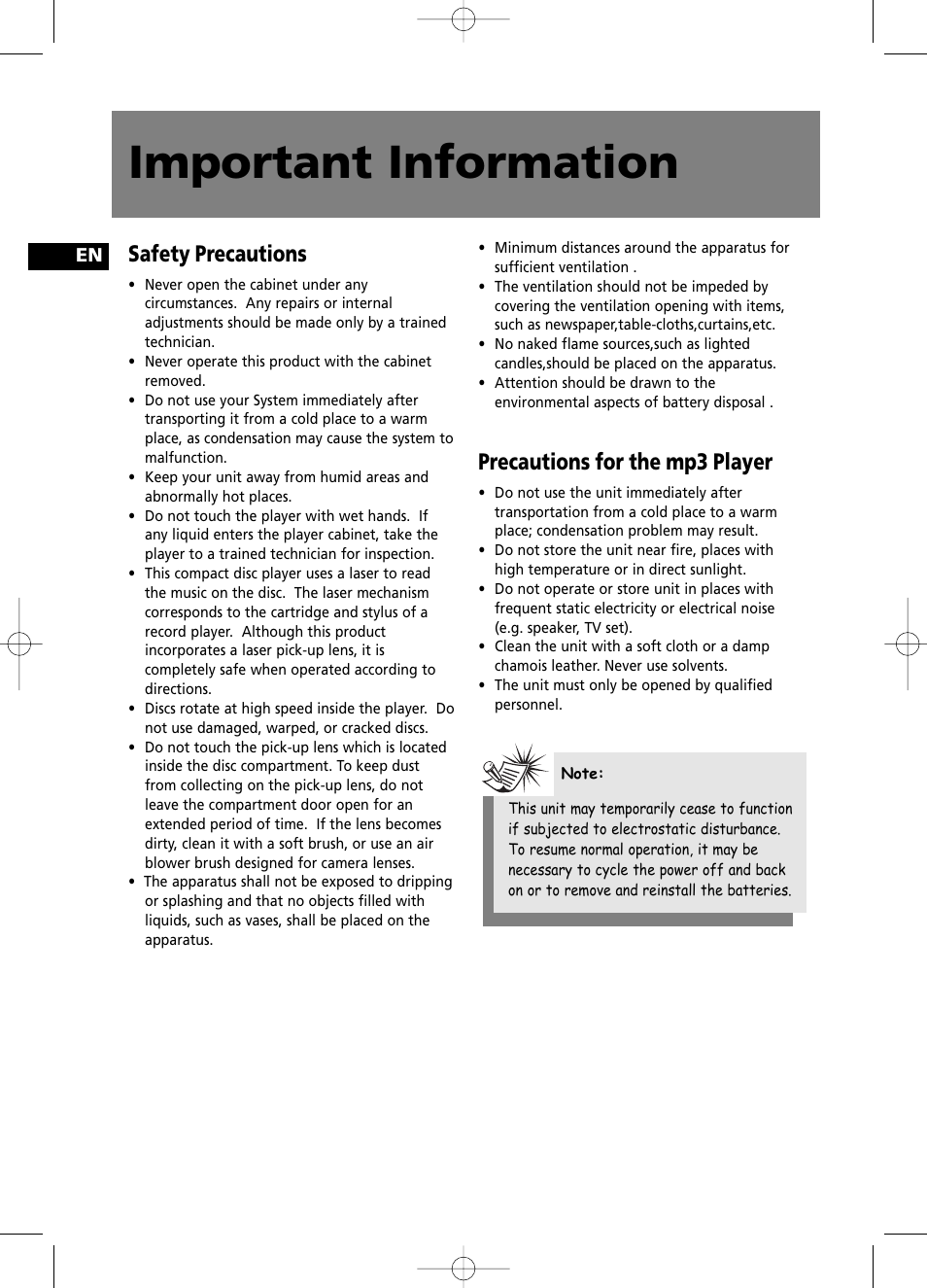 Important information, Safety precautions, Precautions for the mp3 player | Technicolor - Thomson CS196 User Manual | Page 4 / 34