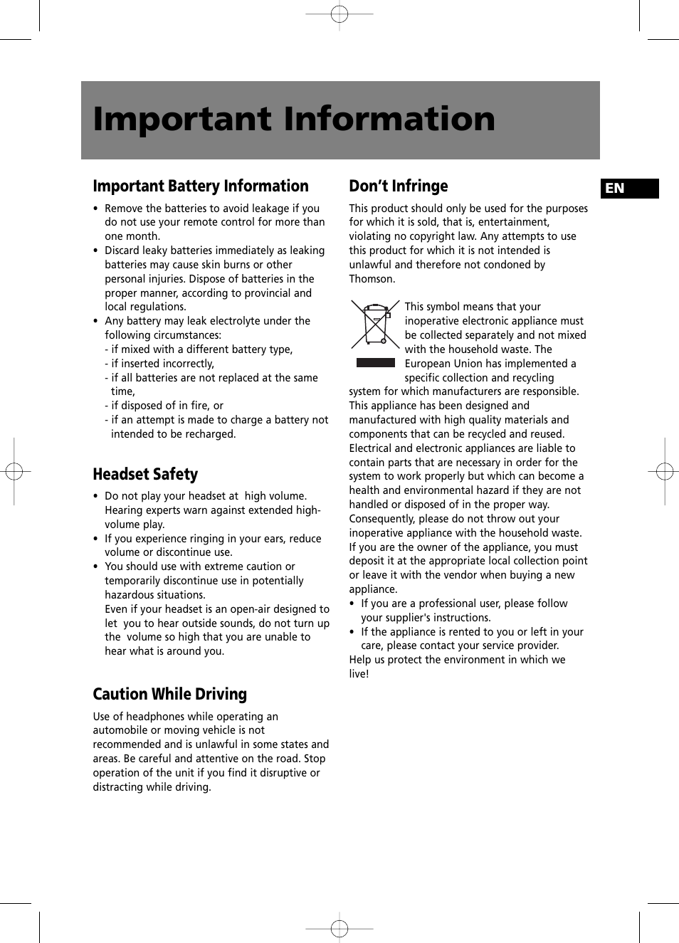 Important information, Important battery information, Headset safety | Caution while driving, Don’t infringe | Technicolor - Thomson CS196 User Manual | Page 5 / 34