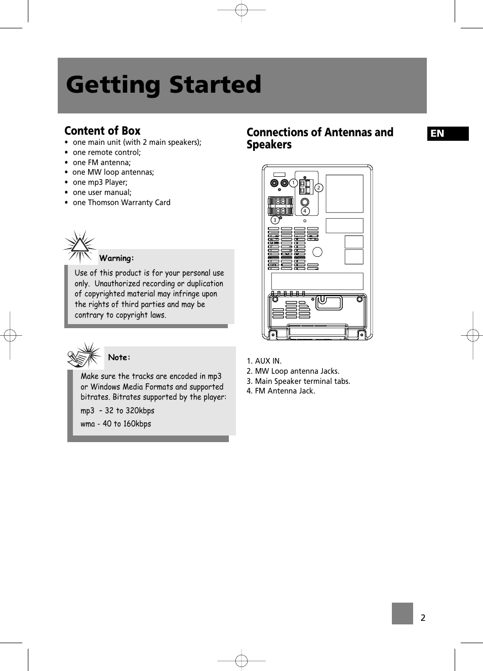 Getting started, Content of box, Connections of antennas and speakers | Technicolor - Thomson CS196 User Manual | Page 7 / 34