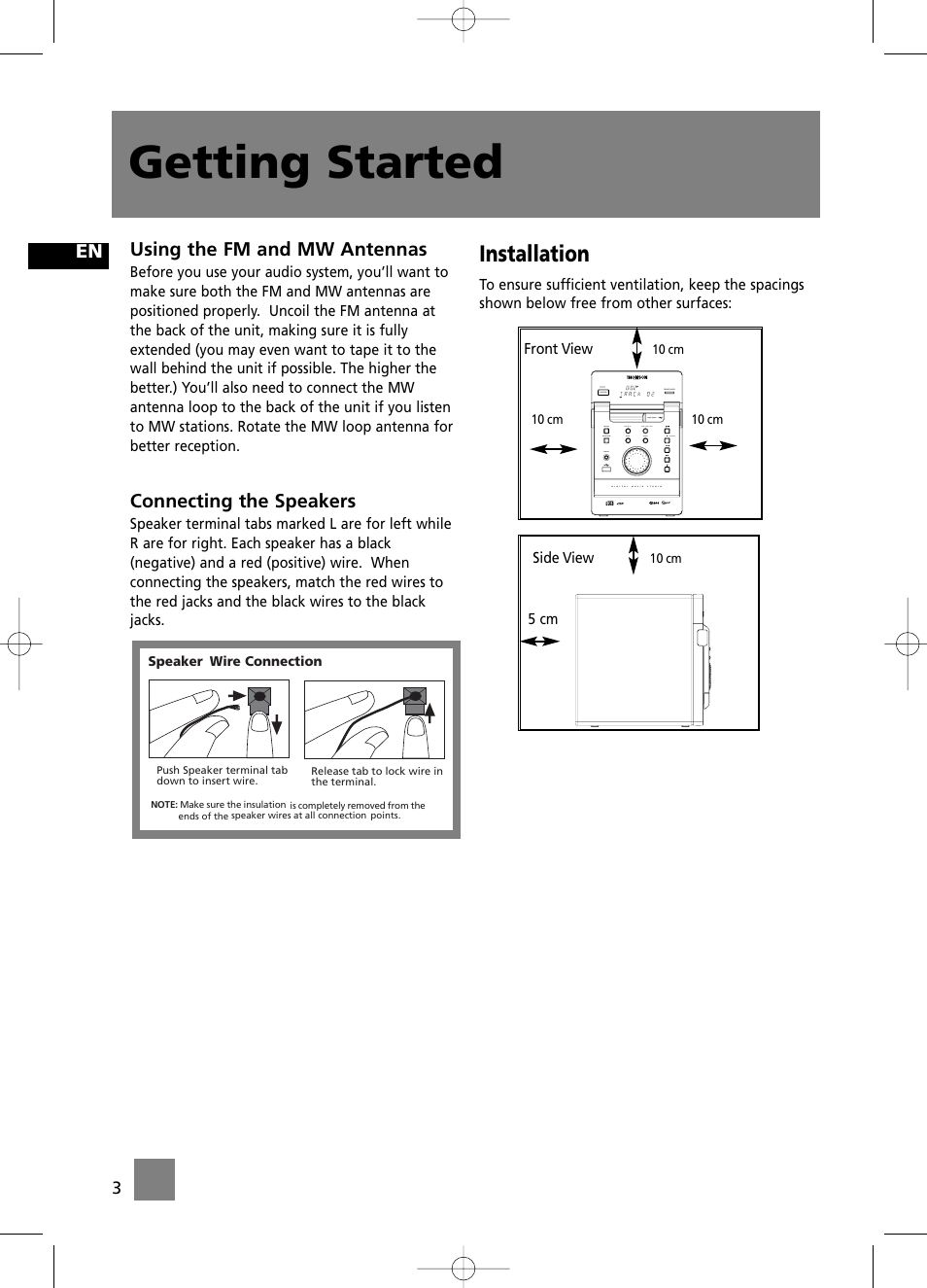 Getting started, Installation, Using the fm and mw antennas | Connecting the speakers | Technicolor - Thomson CS196 User Manual | Page 8 / 34