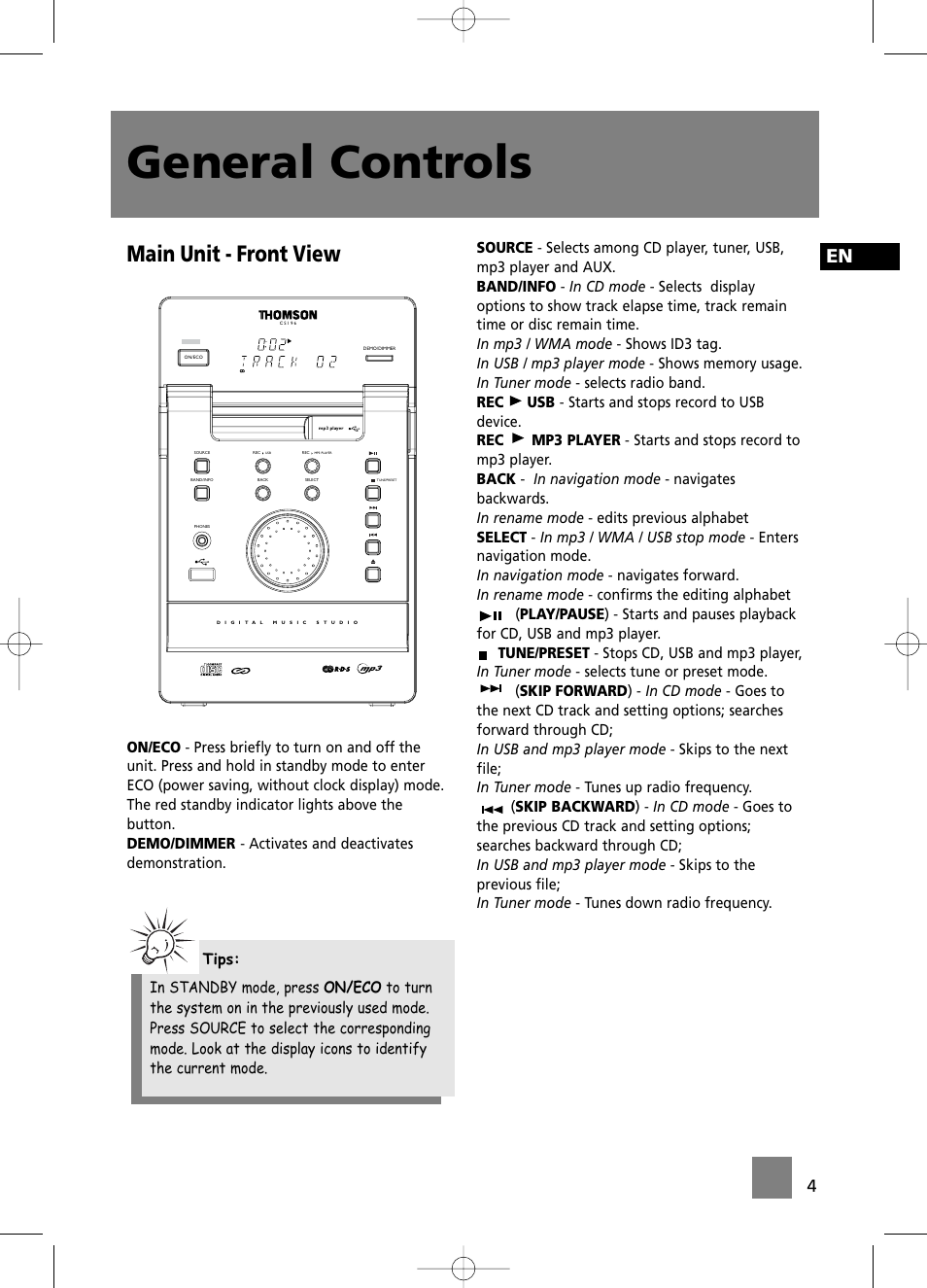 General controls, Main unit - front view | Technicolor - Thomson CS196 User Manual | Page 9 / 34