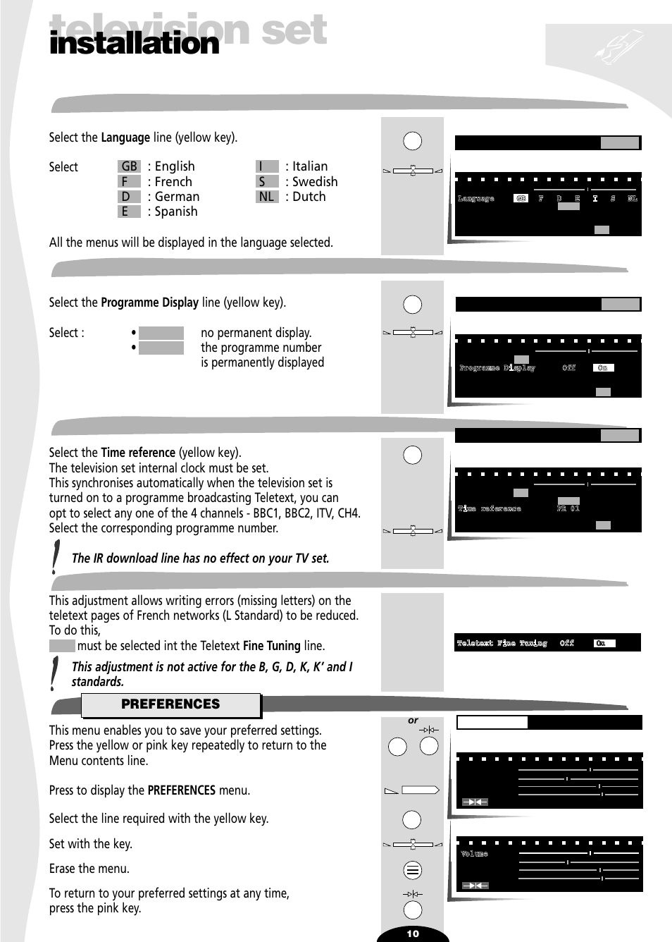 Menu language, Programme number display, Time reference | Teletext fine tuning, Preferences, Television set, Installation | Technicolor - Thomson 72MK89D User Manual | Page 10 / 36