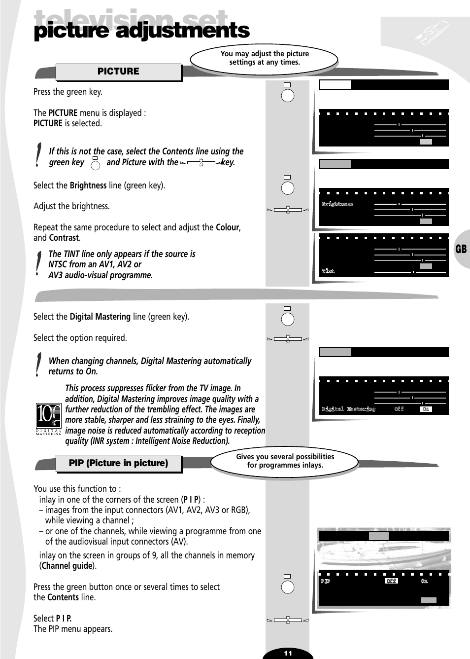 Picture adjustments, Picture, Digital mastering | Pip (picture in picture), Television set | Technicolor - Thomson 72MK89D User Manual | Page 11 / 36