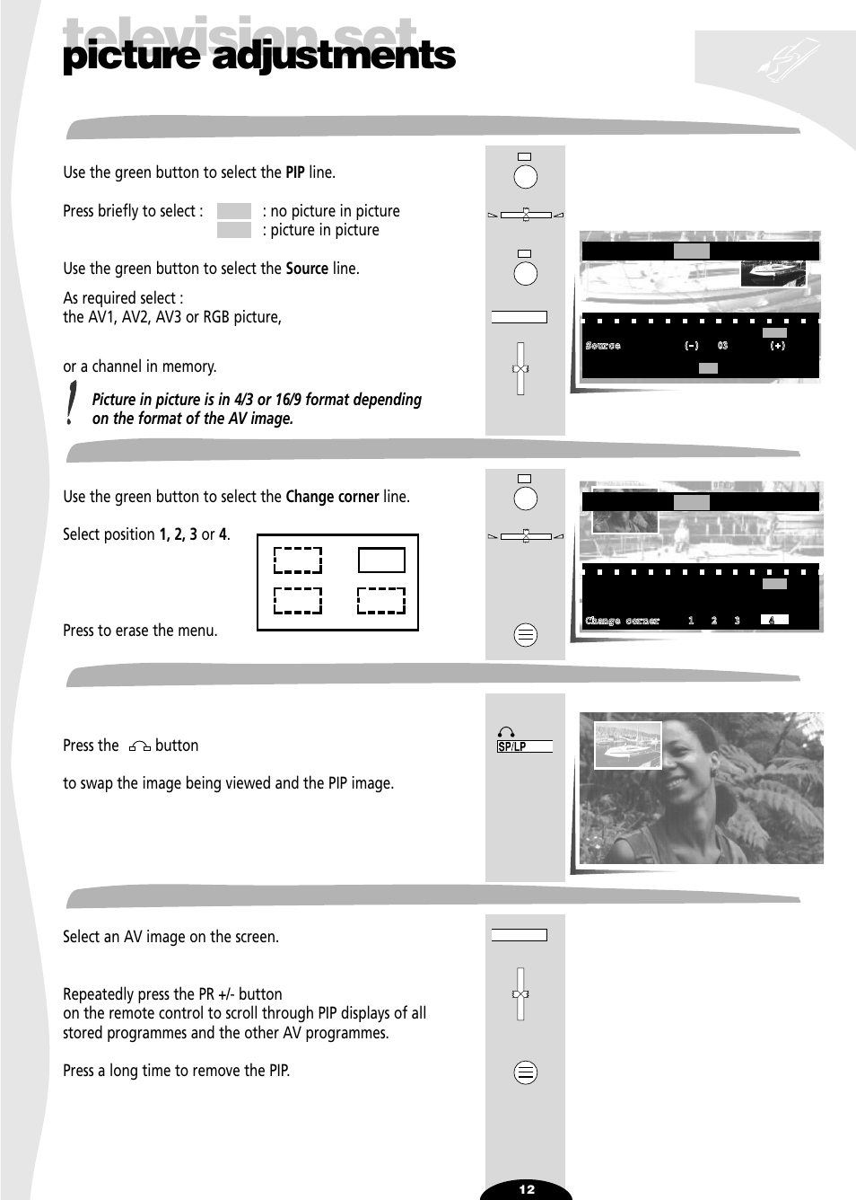 Image inlay (pip), Inlaid image position, Picture swap | Scanning all inlaid image programmes, Television set, Picture adjustments, Image inlay (pip) inlaid image position, Picture swap scanning all inlaid image programmes | Technicolor - Thomson 72MK89D User Manual | Page 12 / 36