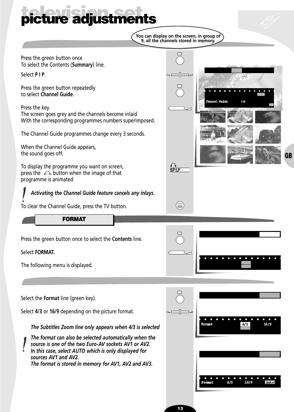 Mosaic, Format, Television set | Picture adjustments, Format mosaic | Technicolor - Thomson 72MK89D User Manual | Page 13 / 36