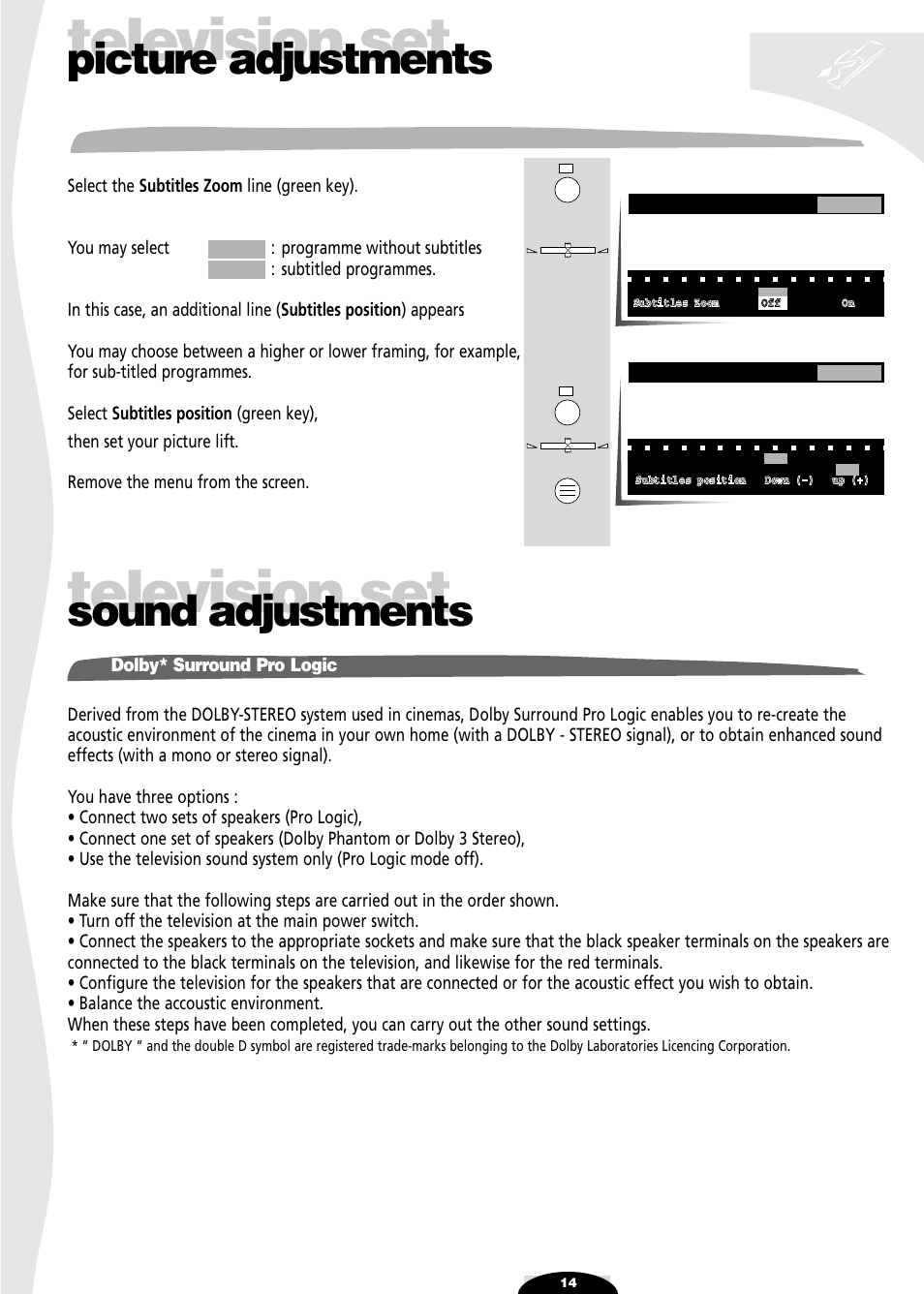 Subtitles zoom, Sound adjustments, Dolby* surround pro logic | Television set, Picture adjustments | Technicolor - Thomson 72MK89D User Manual | Page 14 / 36