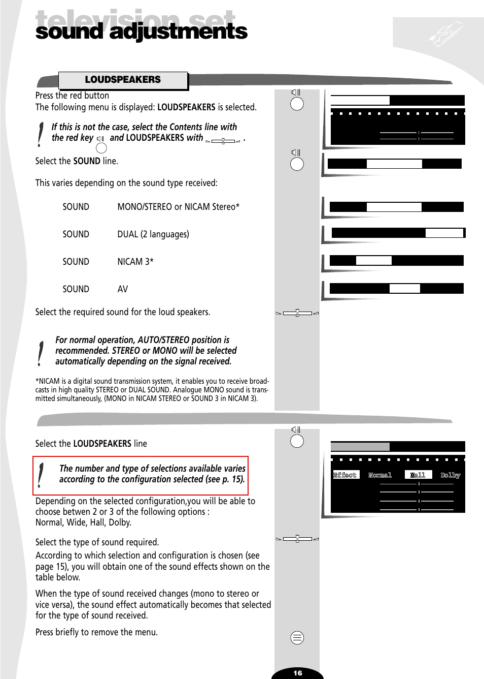 Loudspeaker, Effect, Television set | Sound adjustments | Technicolor - Thomson 72MK89D User Manual | Page 16 / 36