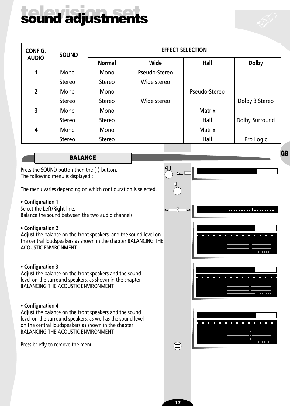 Balance, Television set, Sound adjustments | Technicolor - Thomson 72MK89D User Manual | Page 17 / 36