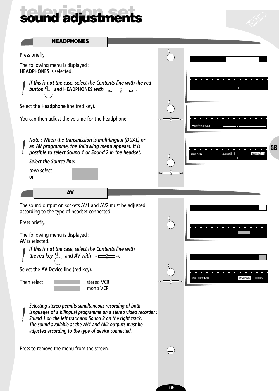 Headphone, Television set, Sound adjustments | Technicolor - Thomson 72MK89D User Manual | Page 19 / 36