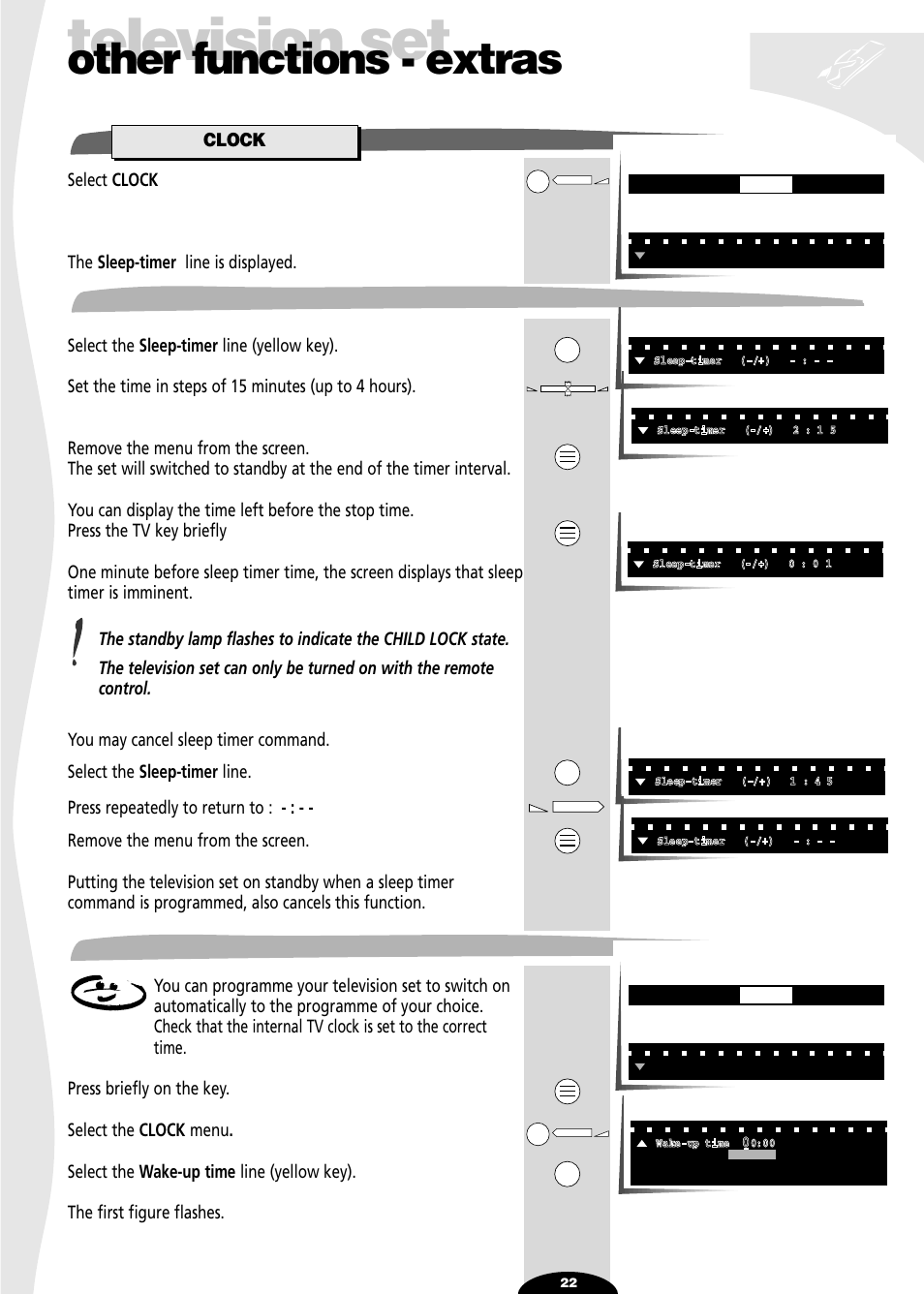 Other functions - extras, Clock, Sleep-timer | Clock (automatic on), Television set | Technicolor - Thomson 72MK89D User Manual | Page 22 / 36