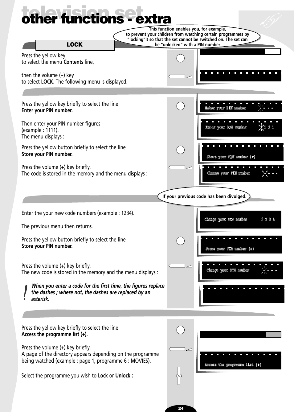 Lock, Enter your pin number, Change you pin numbercódigo | Access the programme list, Television set, Other functions - extra, Change you pin number access the programme list | Technicolor - Thomson 72MK89D User Manual | Page 24 / 36