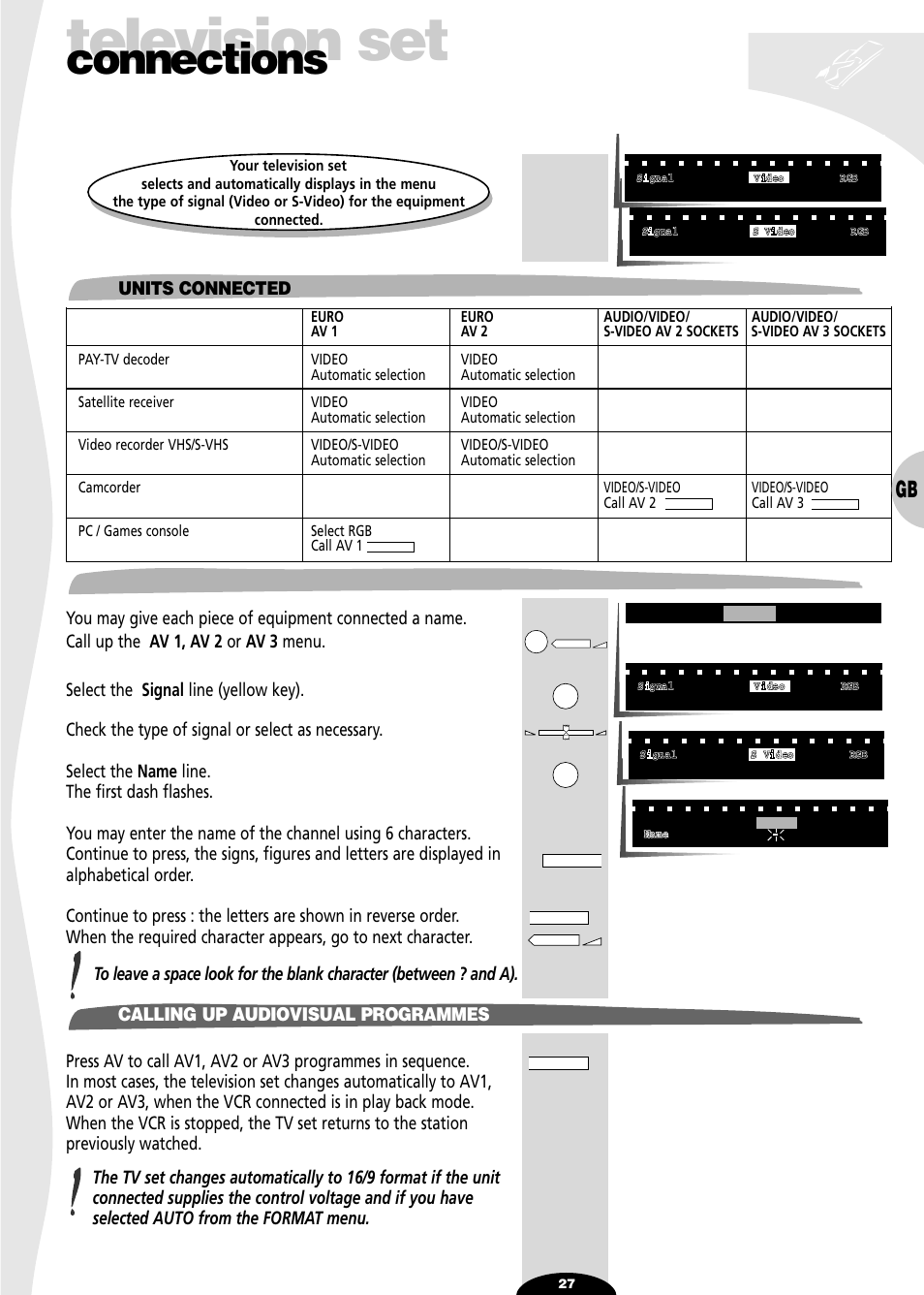 Units connected, Name, Calling up audiovisual programmes | Television set, Connections | Technicolor - Thomson 72MK89D User Manual | Page 27 / 36