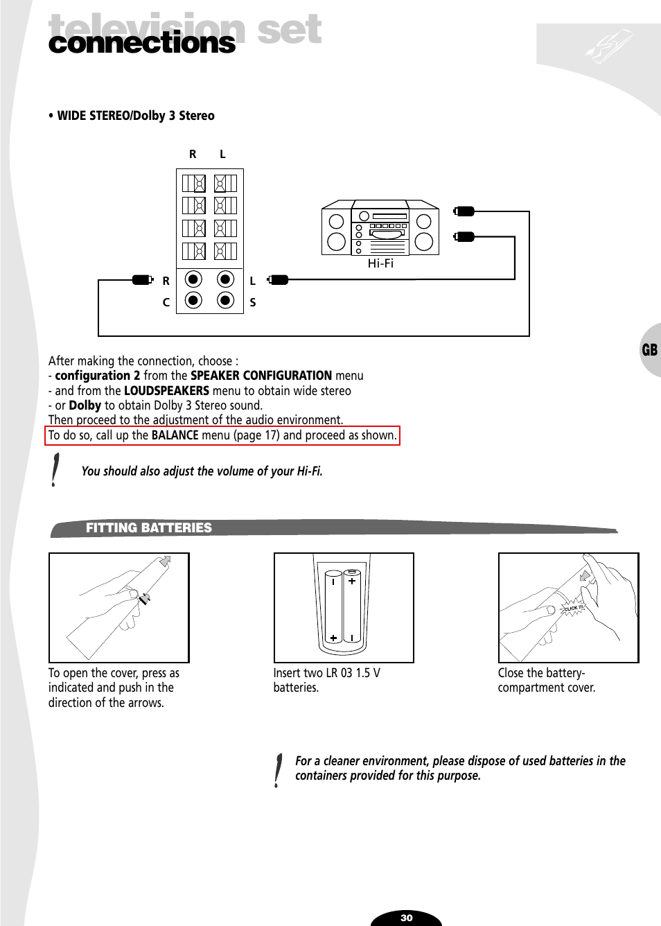 Fitting batteries, Television set, Connections | Technicolor - Thomson 72MK89D User Manual | Page 30 / 36