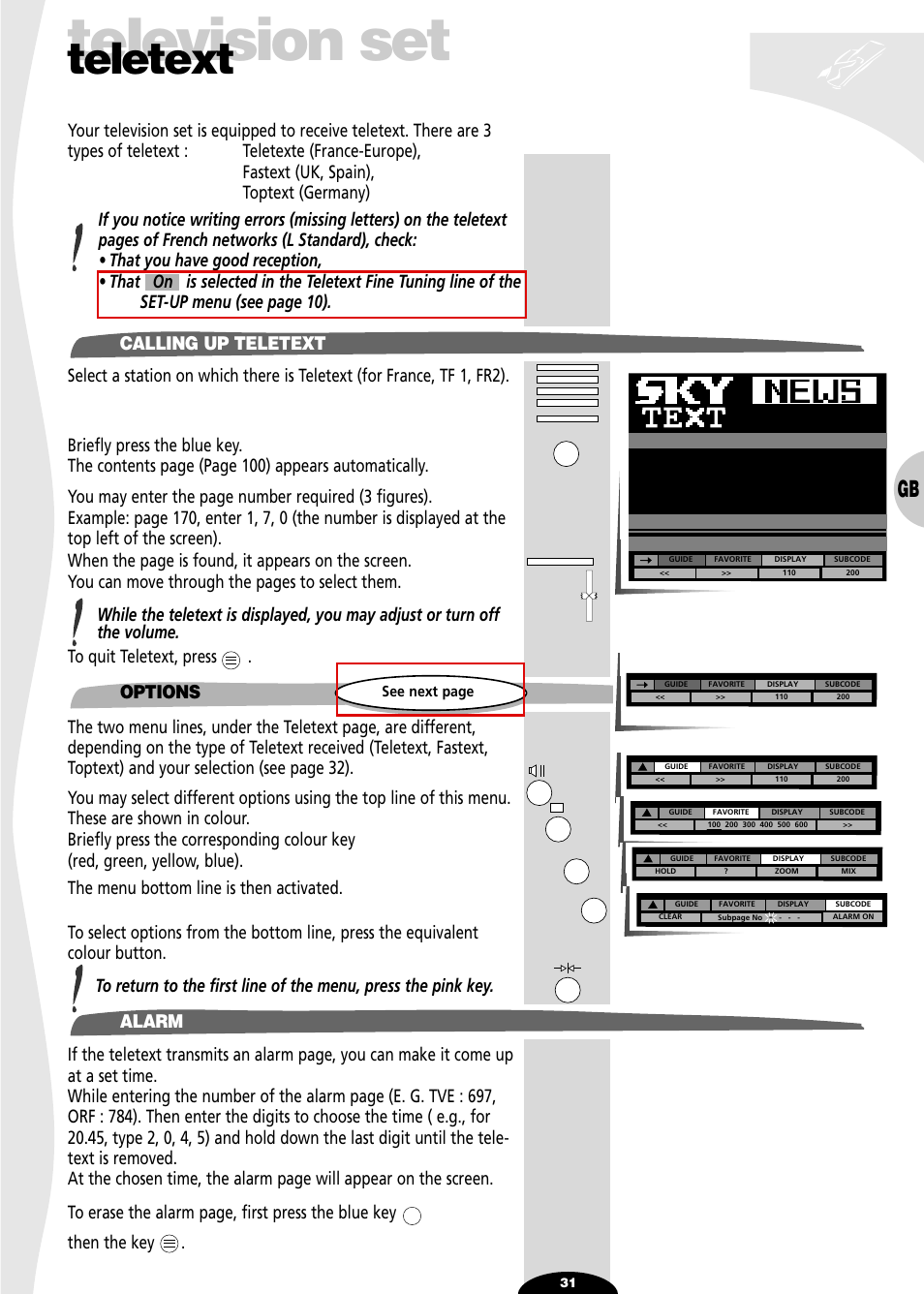 Teletext, Calling up teletext, Options | Alarm, Television set, Options alarm | Technicolor - Thomson 72MK89D User Manual | Page 31 / 36