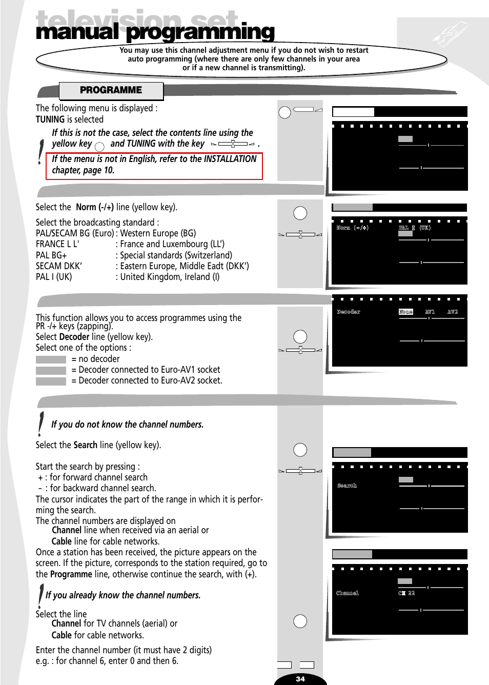 Manual programming, Programme, Norm | Decoder, Channel/cable, Television set, Norm channel/cable | Technicolor - Thomson 72MK89D User Manual | Page 34 / 36