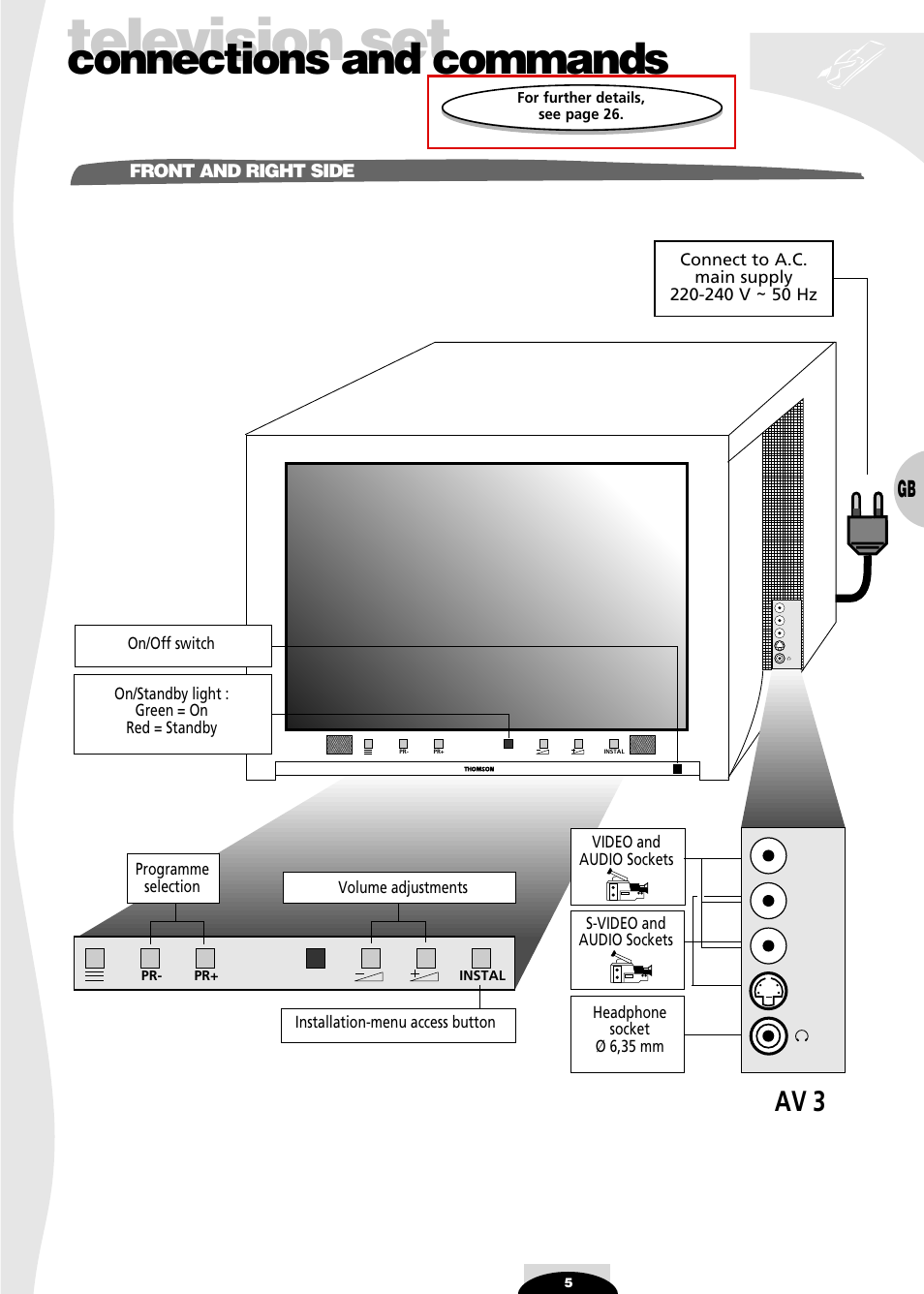 Connections and commands, Front and right side, Television set | Av 3 | Technicolor - Thomson 72MK89D User Manual | Page 5 / 36