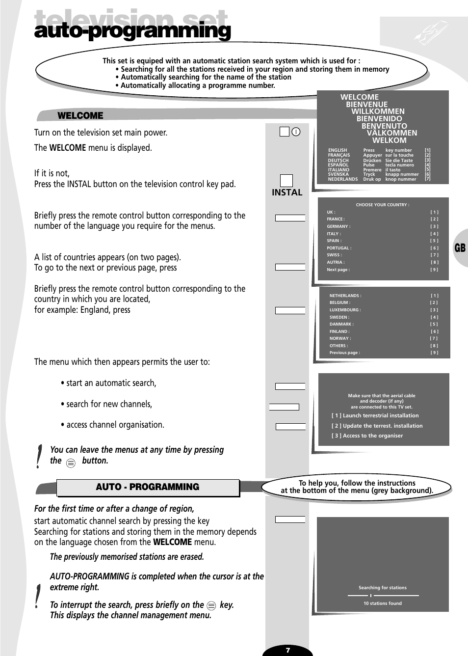 Auto-programming, Welcome, Auto - programming | Television set, Instal | Technicolor - Thomson 72MK89D User Manual | Page 7 / 36