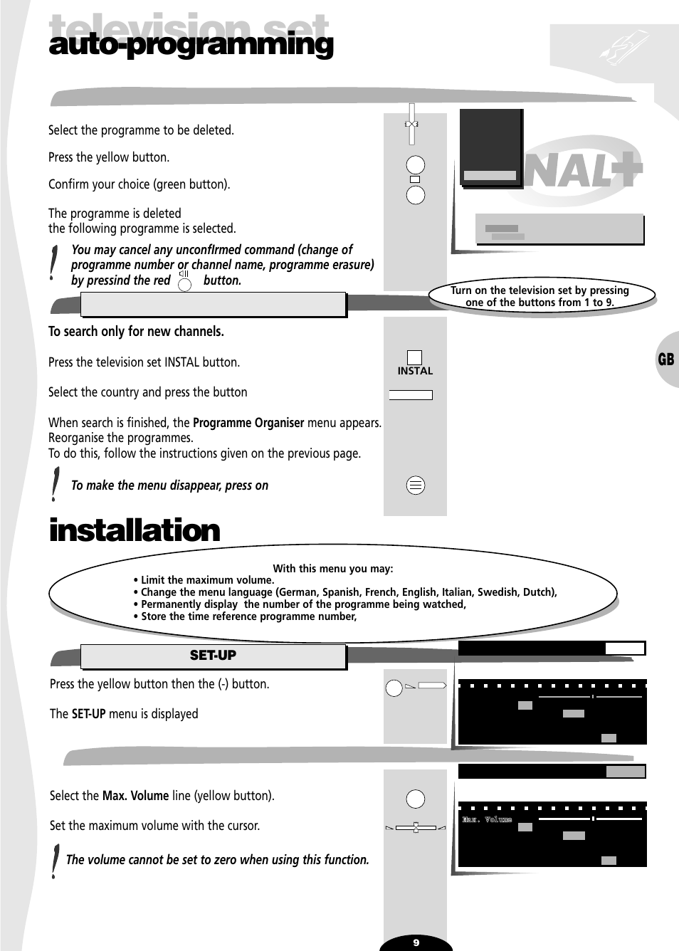 To delete a programme, New channels, Installation | Set-up, Maximum volume limitation, Television set, Auto-programming | Technicolor - Thomson 72MK89D User Manual | Page 9 / 36