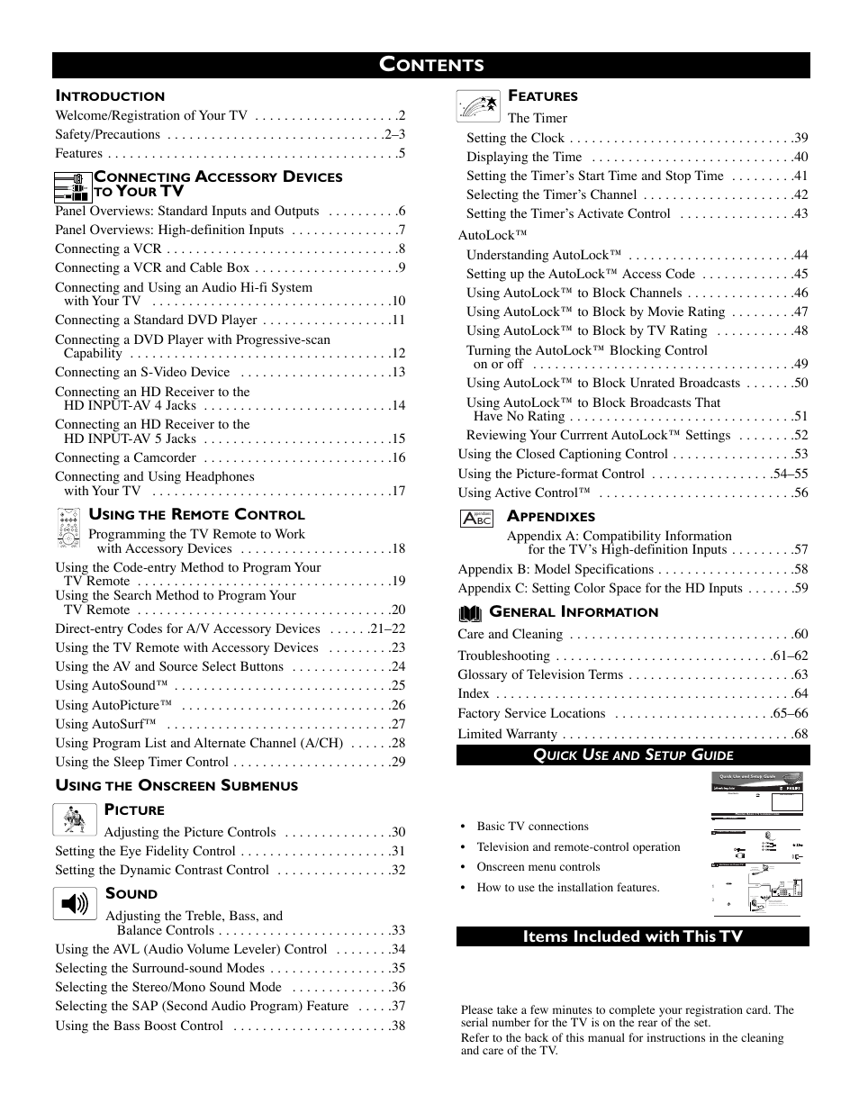 Ontents items included with this tv | Philips 51PW9303 User Manual | Page 4 / 68