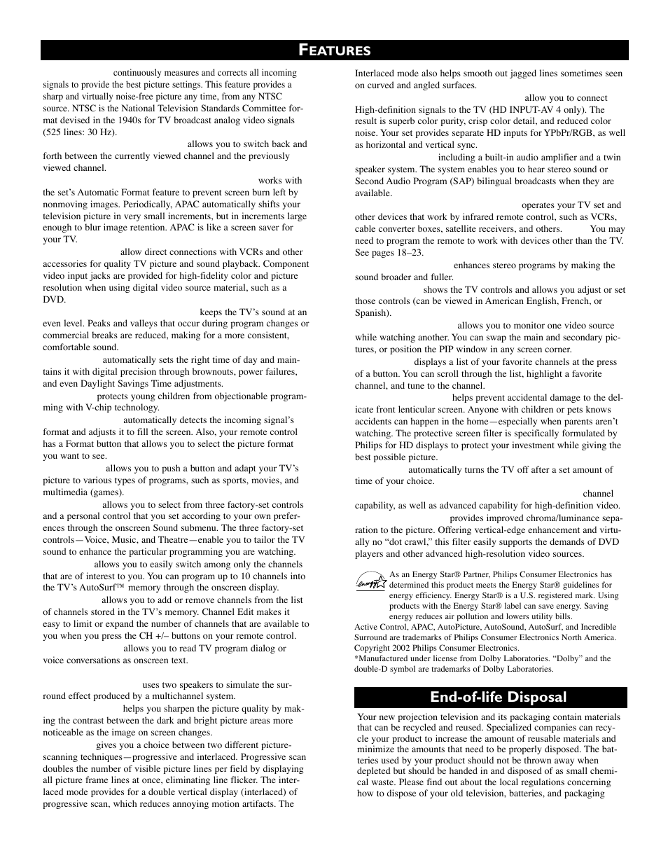 End-of-life disposal, Eatures | Philips 51PW9303 User Manual | Page 5 / 68