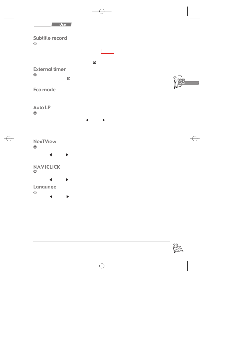 Subtitle record, External timer, Eco mode | Auto lp, Nextview, Naviclick, Language, N a v iclick | Technicolor - Thomson NAVICLICK User Manual | Page 27 / 33