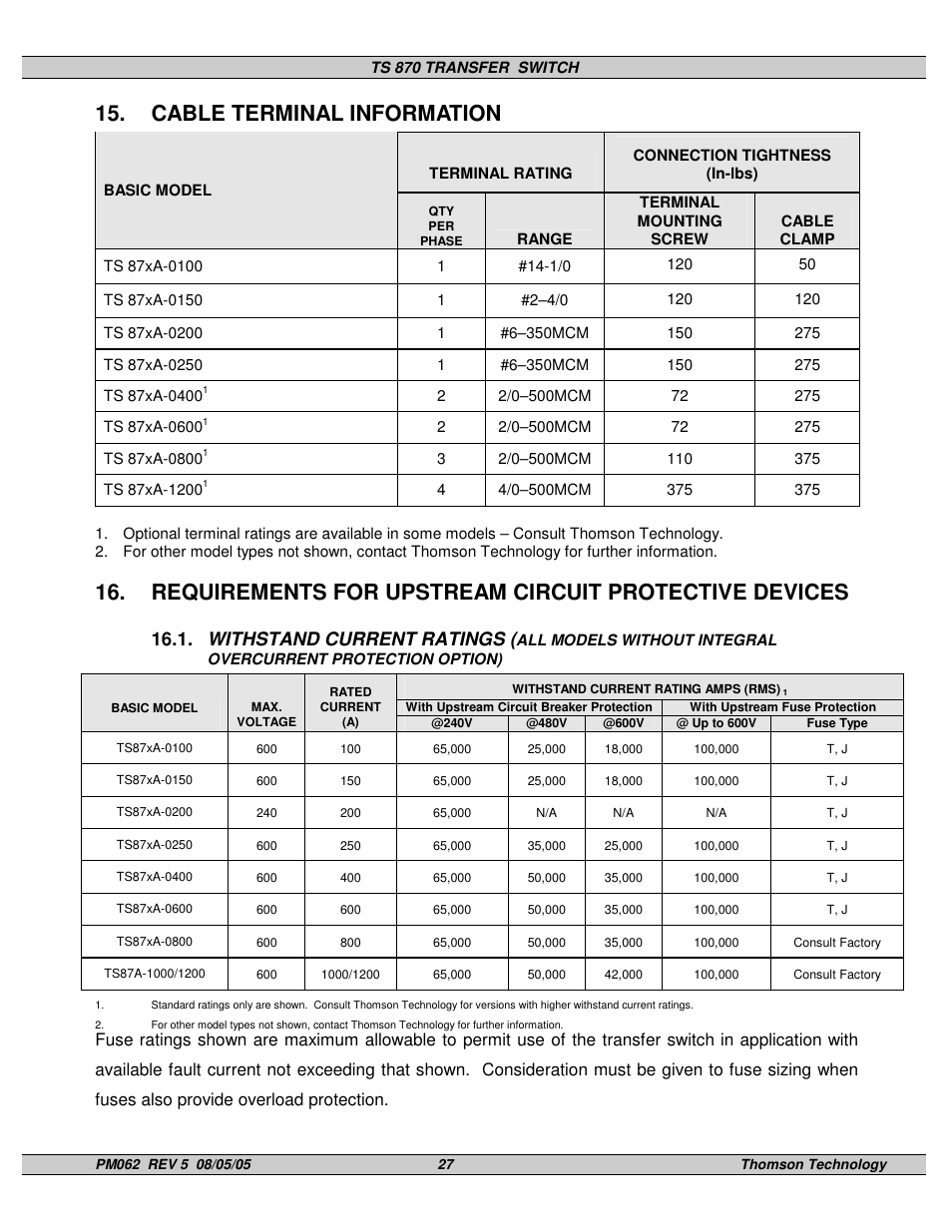 Cable terminal information, Withstand current ratings | Technicolor - Thomson TS 870 User Manual | Page 31 / 46