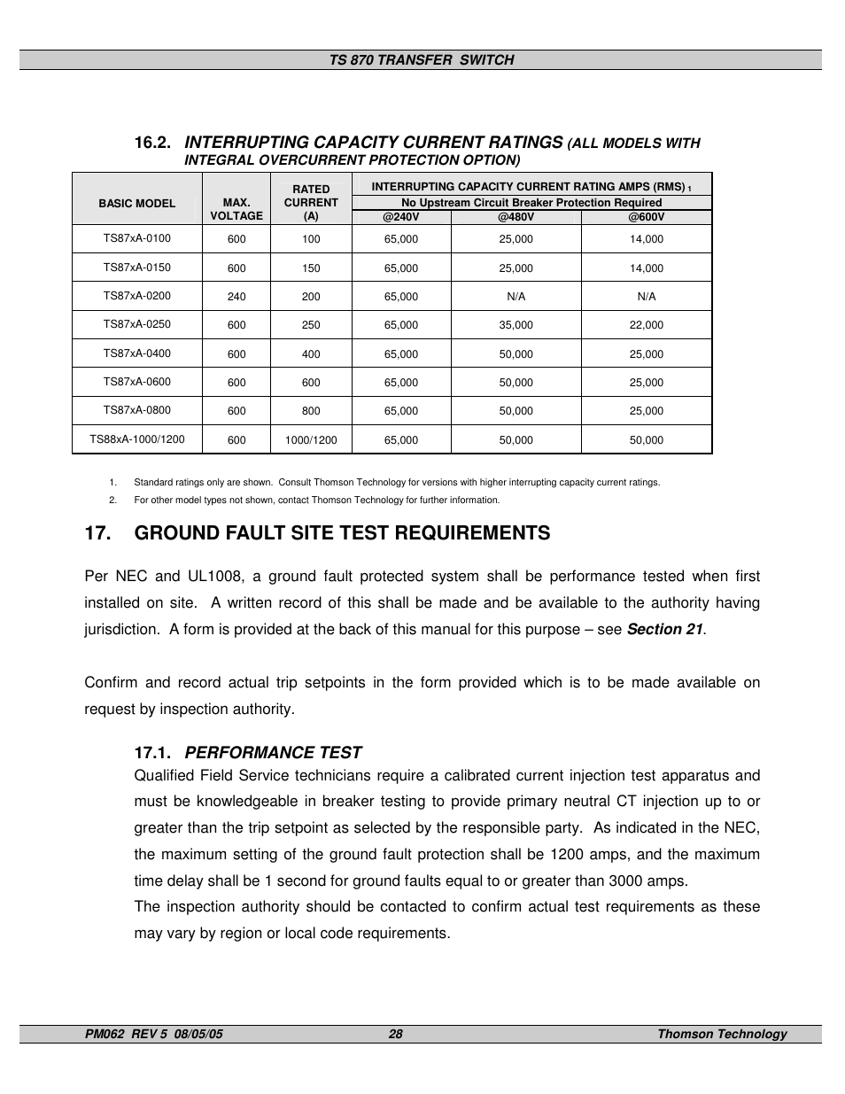 Ground fault site test requirements, Interrupting capacity current ratings, Performance test | Technicolor - Thomson TS 870 User Manual | Page 32 / 46