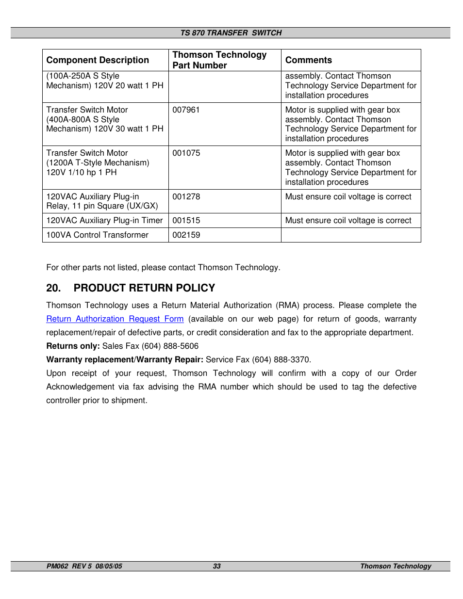 Product return policy | Technicolor - Thomson TS 870 User Manual | Page 37 / 46