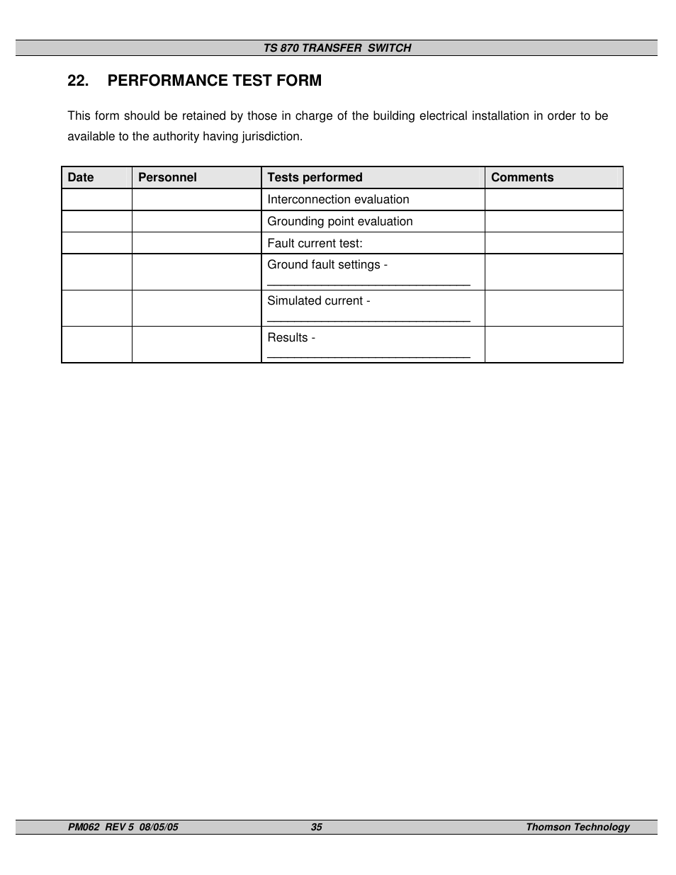 Performance test form | Technicolor - Thomson TS 870 User Manual | Page 39 / 46