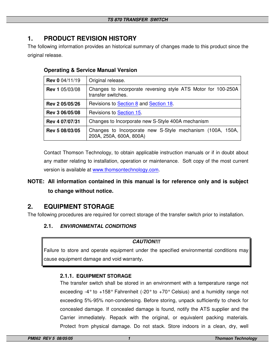 Product revision history, Equipment storage | Technicolor - Thomson TS 870 User Manual | Page 5 / 46