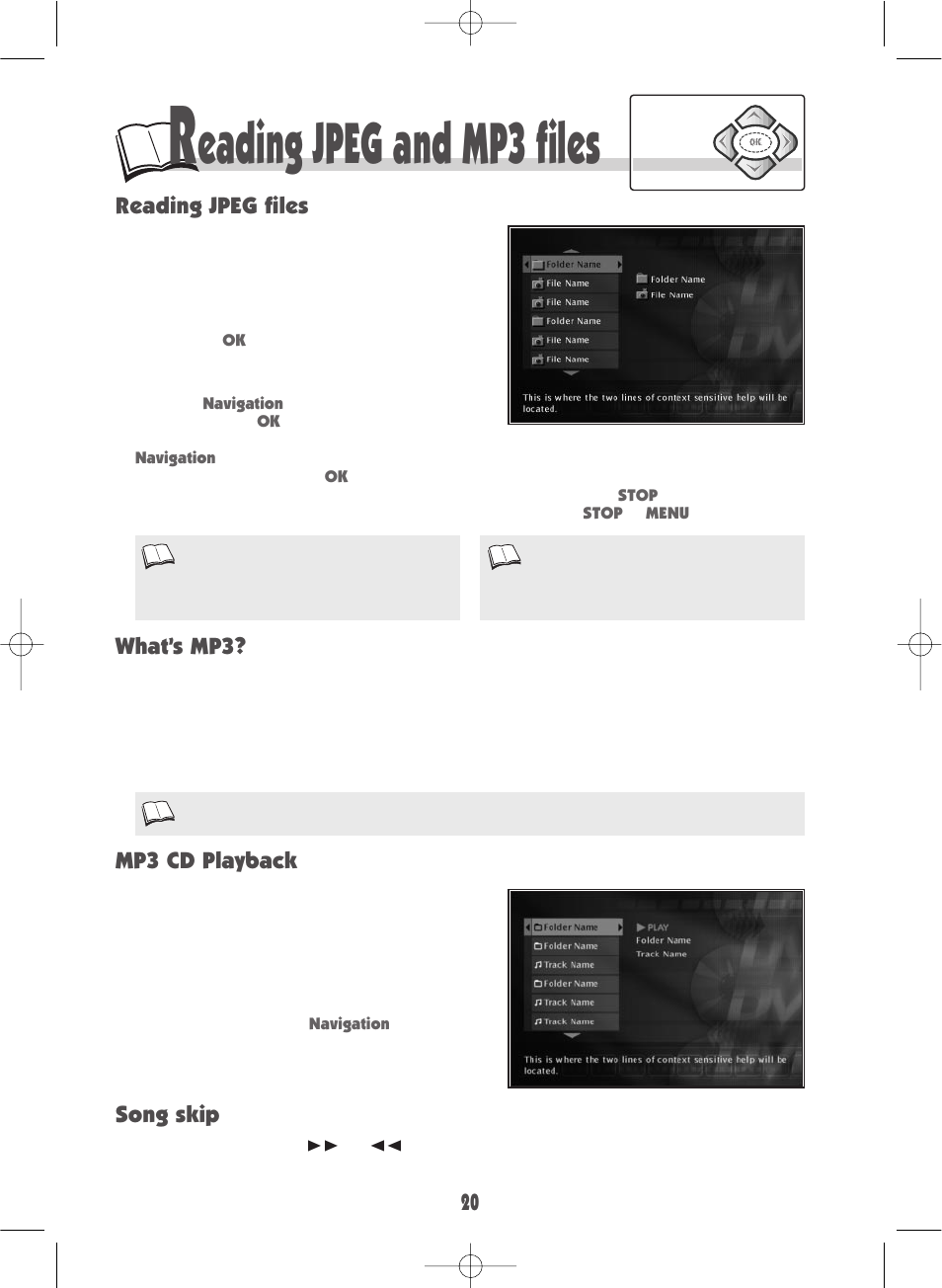 Eading jpeg and mp3 files, Mp3 cd playback what’s mp3? song skip, Reading jpeg files | Technicolor - Thomson DSA100 User Manual | Page 20 / 24