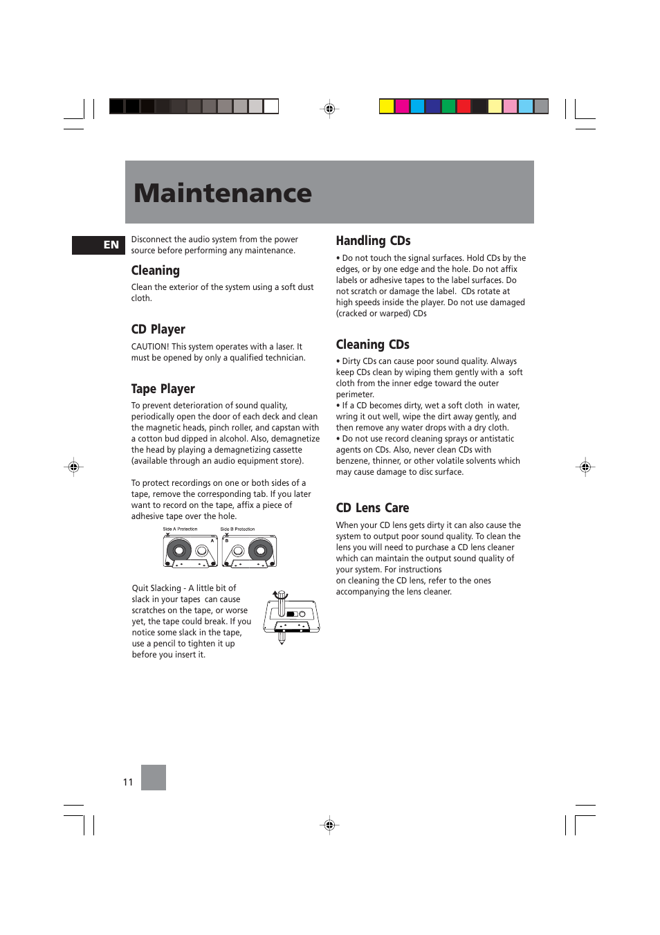 Maintenance, Cleaning, Cd player | Tape player, Handling cds, Cleaning cds, Cd lens care | Technicolor - Thomson CS84 User Manual | Page 13 / 14