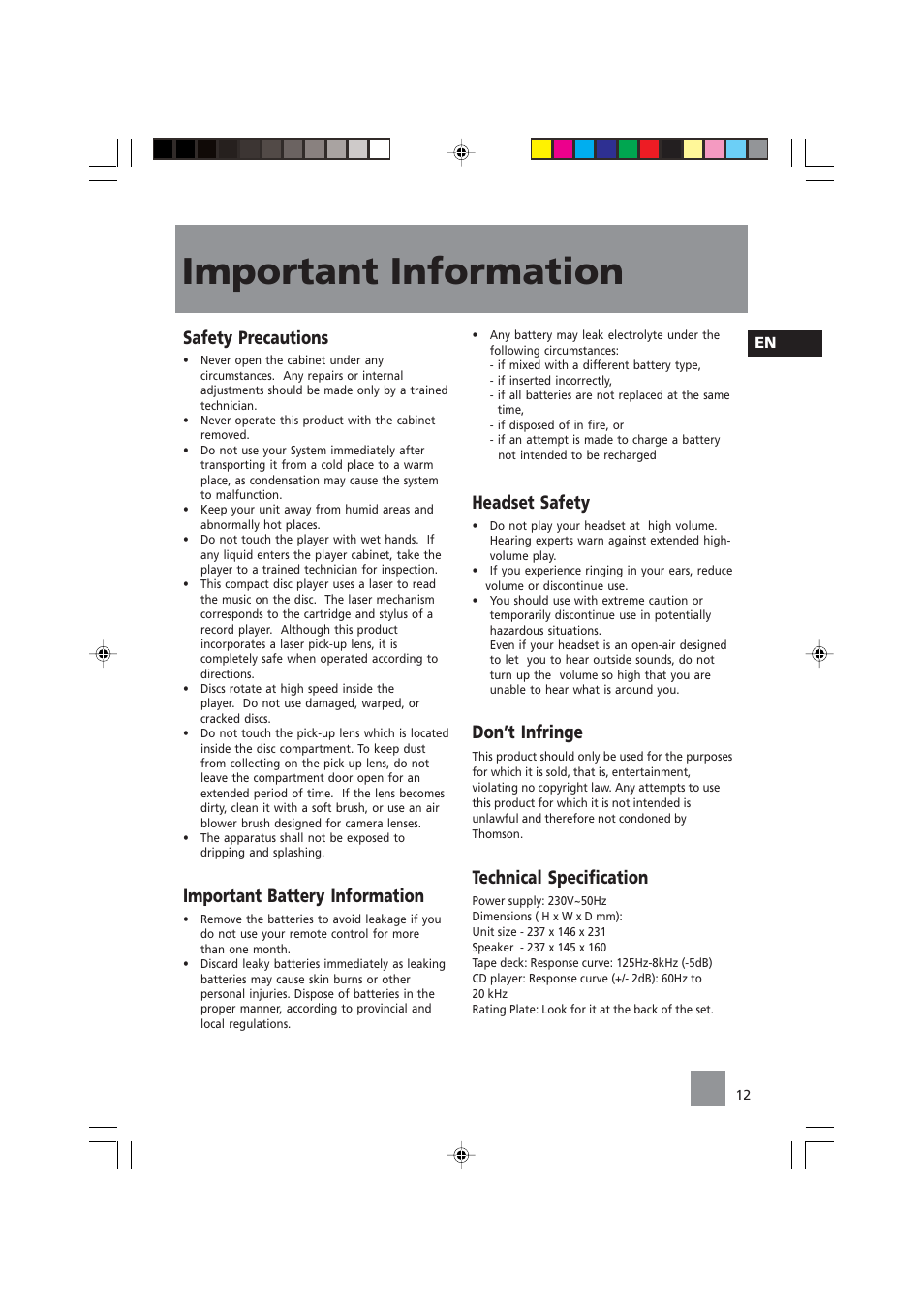 Important information, Safety precautions, Important battery information | Headset safety, Don’t infringe, Technical specification | Technicolor - Thomson CS84 User Manual | Page 14 / 14