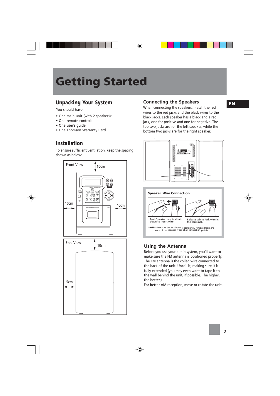 Getting started, Unpacking your system, Installation | Connecting the speakers, Using the antenna, Multi function lcd display, Vo lume c ontrol | Technicolor - Thomson CS84 User Manual | Page 4 / 14