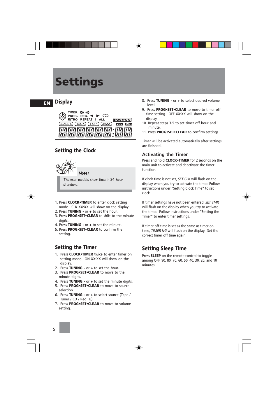 Settings, Display setting the clock, Setting the timer | Setting sleep time | Technicolor - Thomson CS84 User Manual | Page 7 / 14