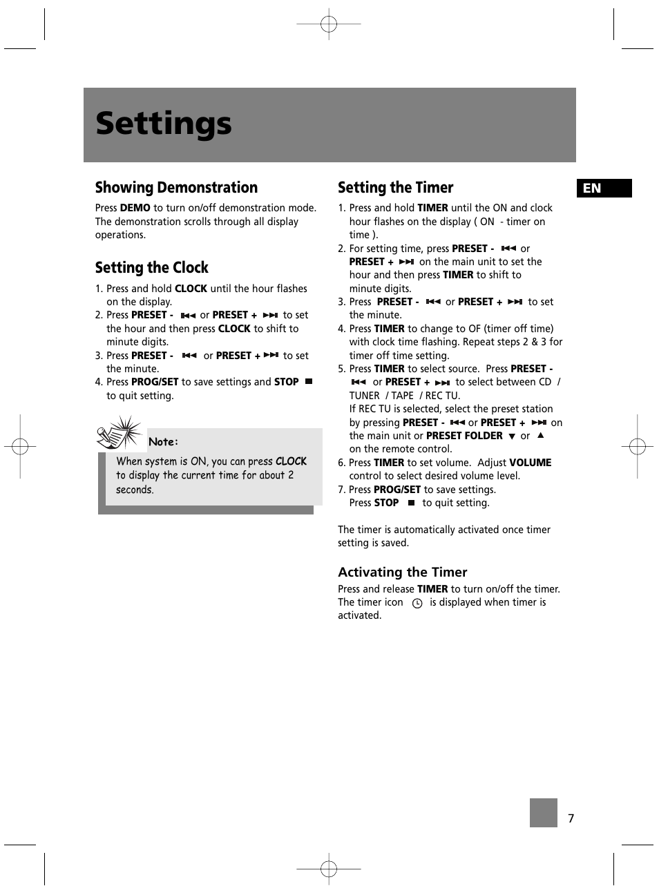 Settings, Showing demonstration, Setting the clock | Setting the timer | Technicolor - Thomson MS4300 User Manual | Page 12 / 23