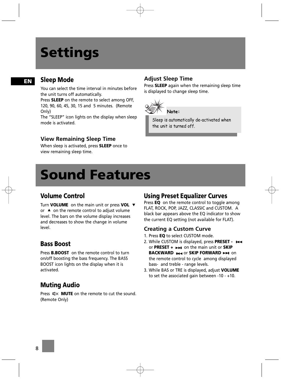 Settings, Sound features, Sleep mode | Volume control, Bass boost, Muting audio, Using preset equalizer curves | Technicolor - Thomson MS4300 User Manual | Page 13 / 23