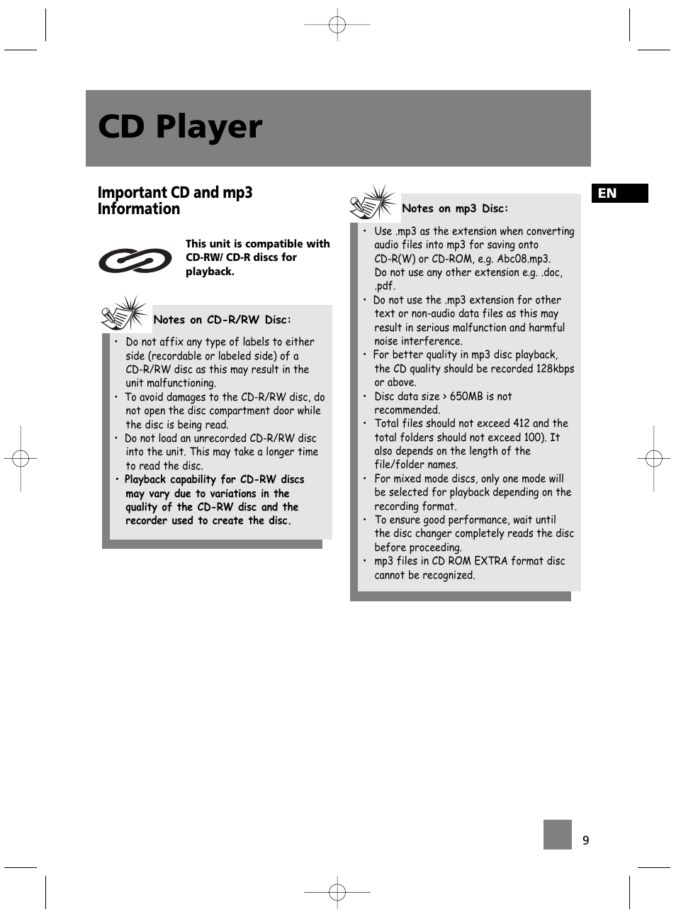 Cd player, Important cd and mp3 information | Technicolor - Thomson MS4300 User Manual | Page 14 / 23