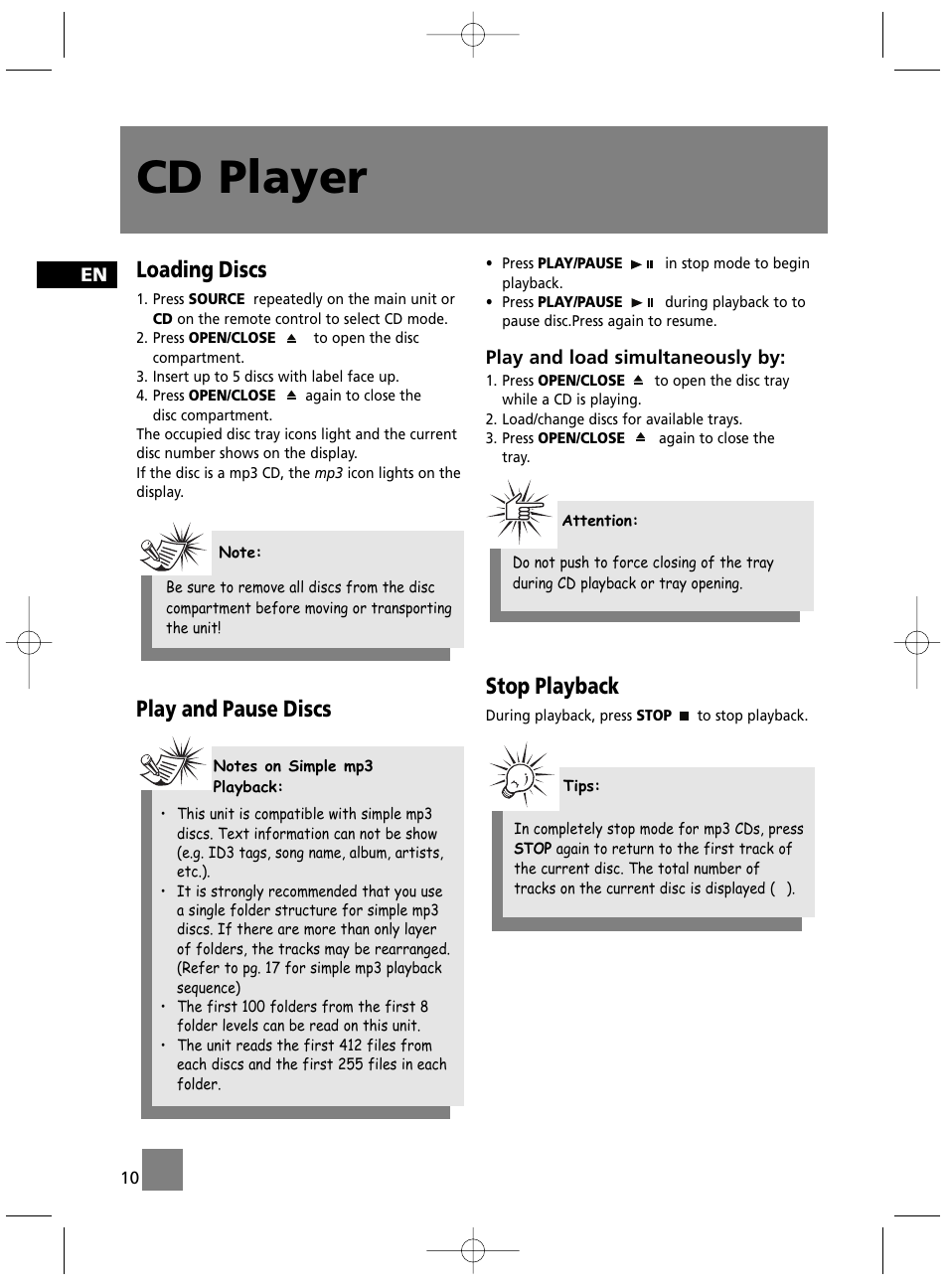 Cd player, Loading discs, Play and pause discs | Stop playback | Technicolor - Thomson MS4300 User Manual | Page 15 / 23