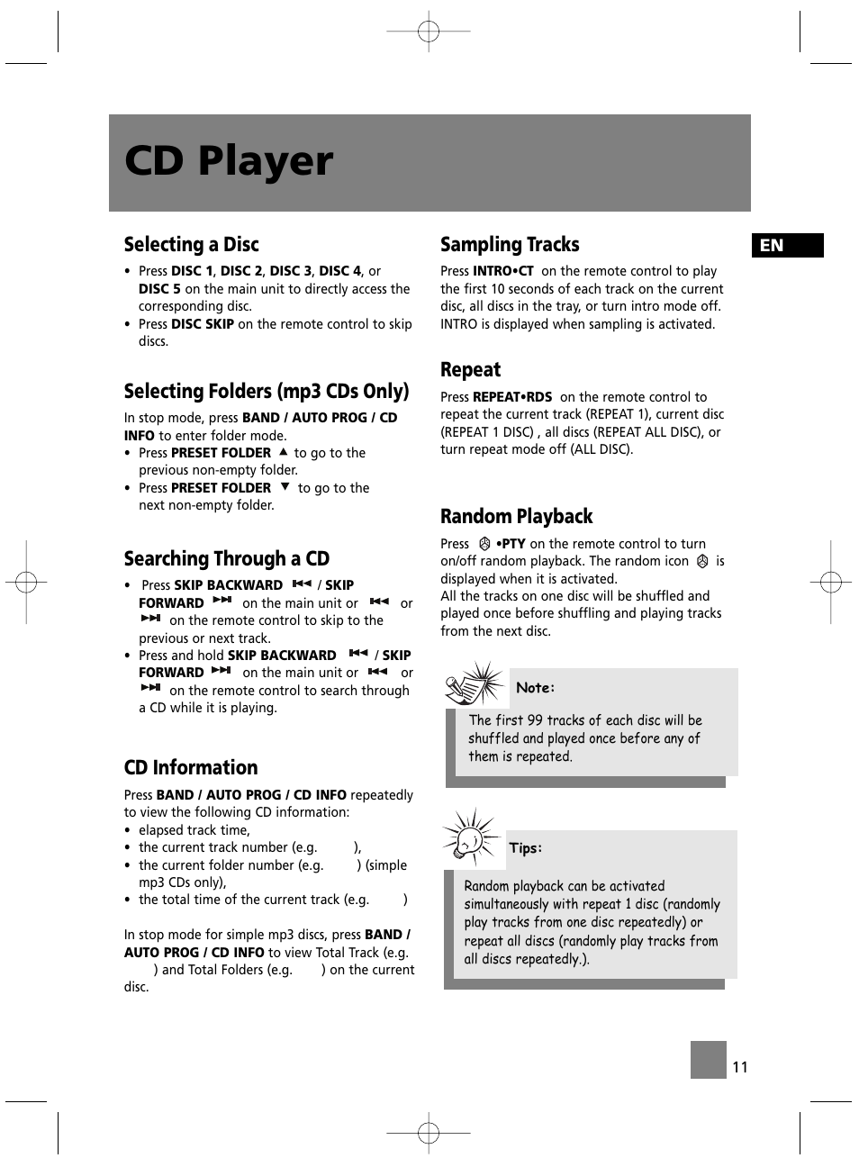 Cd player, Selecting a disc, Selecting folders (mp3 cds only) | Searching through a cd, Cd information, Sampling tracks, Repeat, Random playback | Technicolor - Thomson MS4300 User Manual | Page 16 / 23