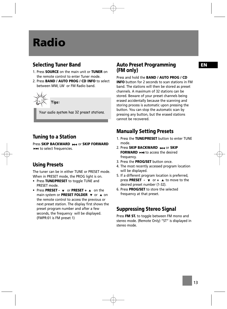 Radio, Selecting tuner band, Tuning to a station | Using presets, Auto preset programming (fm only), Manually setting presets, Suppressing stereo signal | Technicolor - Thomson MS4300 User Manual | Page 18 / 23