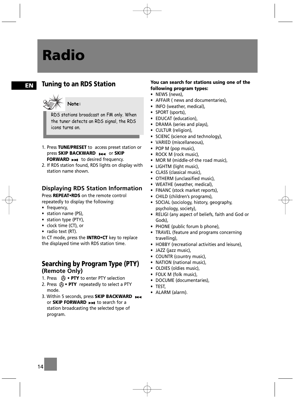 Radio, Tuning to an rds station, Searching by program type (pty) | Technicolor - Thomson MS4300 User Manual | Page 19 / 23