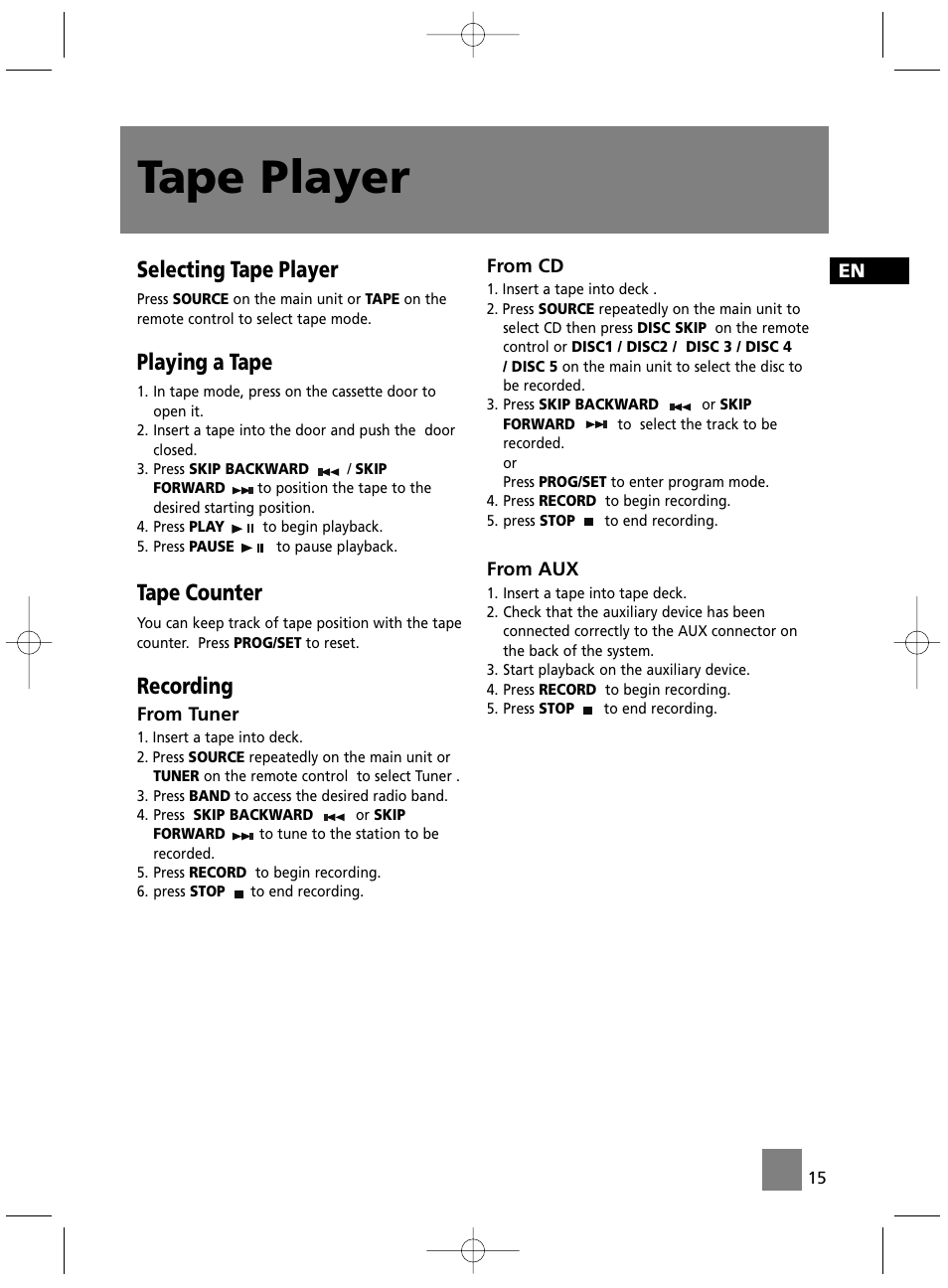 Tape player, Selecting tape player, Playing a tape | Tape counter, Recording | Technicolor - Thomson MS4300 User Manual | Page 20 / 23